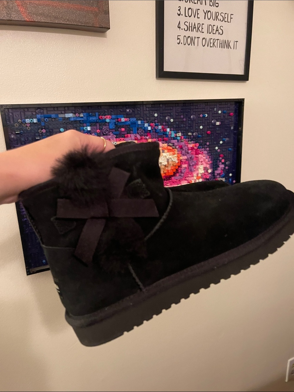 Koolaburra Black Suede Ankle Slipper with Bow and Pom Detail